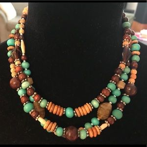 Brown & Turquoise Colored Wooden Necklace